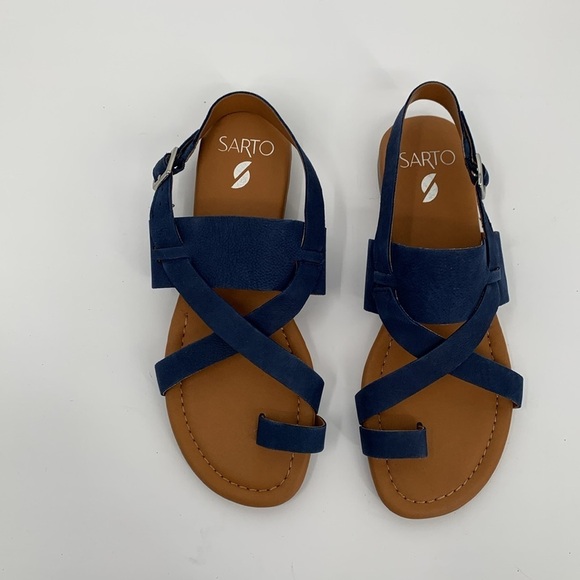 Franco Sarto Gia flat toe ring strappy sandal shoe blue suede leather new 6.5 - Picture 6 of 7